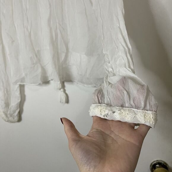 Free People white ivory beaded embroidery sheer long sleeve peasant top Small - Picture 2 of 7